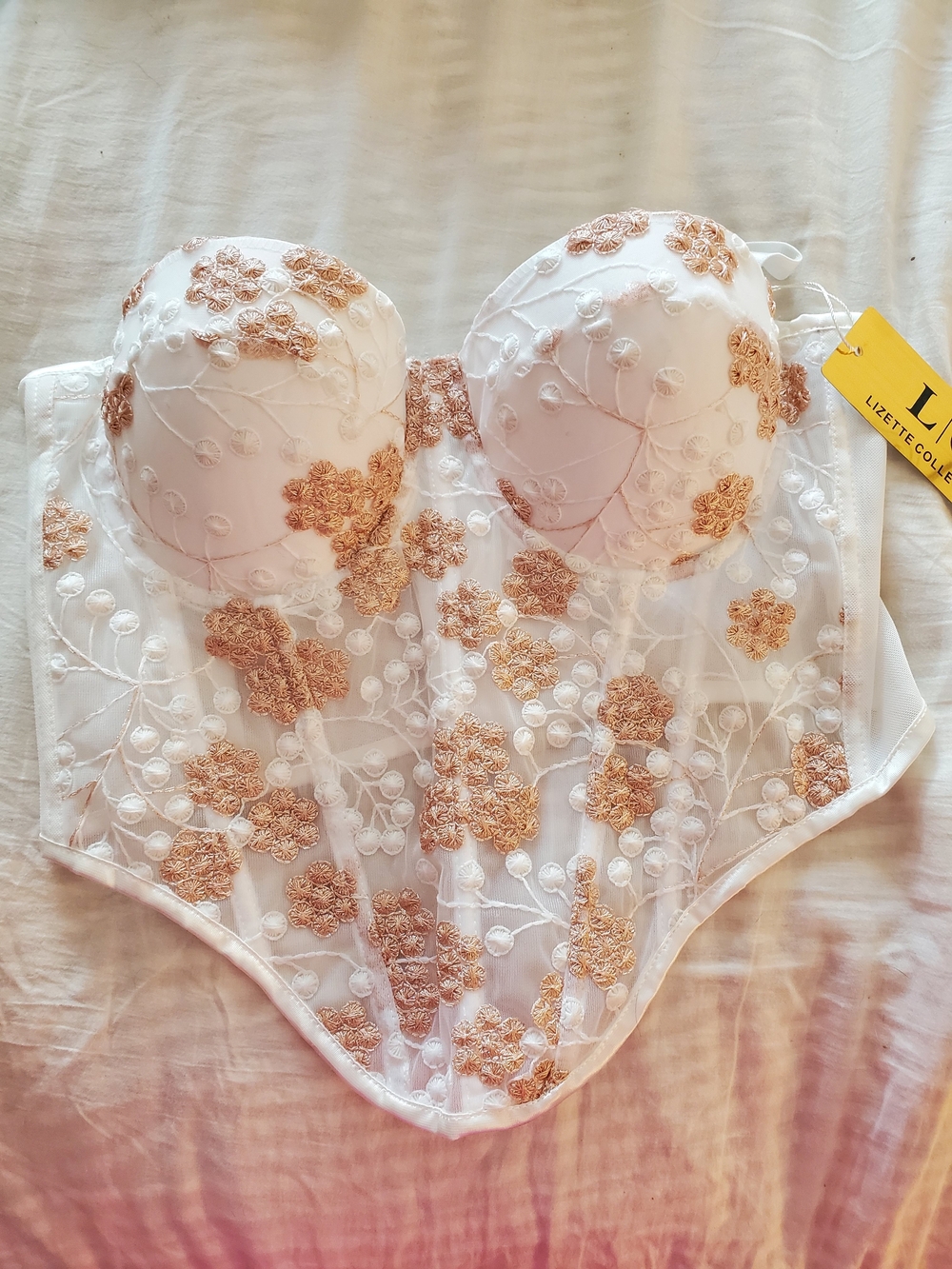 LIZETTE White Bandeau Bustier with Rose Gold Floral Embroidery - Picture 2 of 5